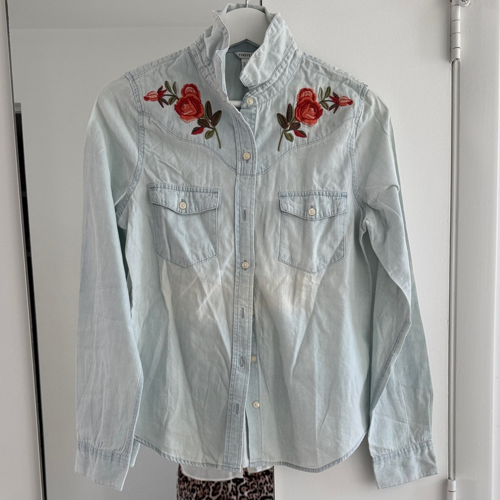 Embroidered Denim Shirt with Floral Design